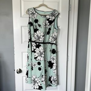 Sabrina Collective mint dress with black white and grey floral. With belt